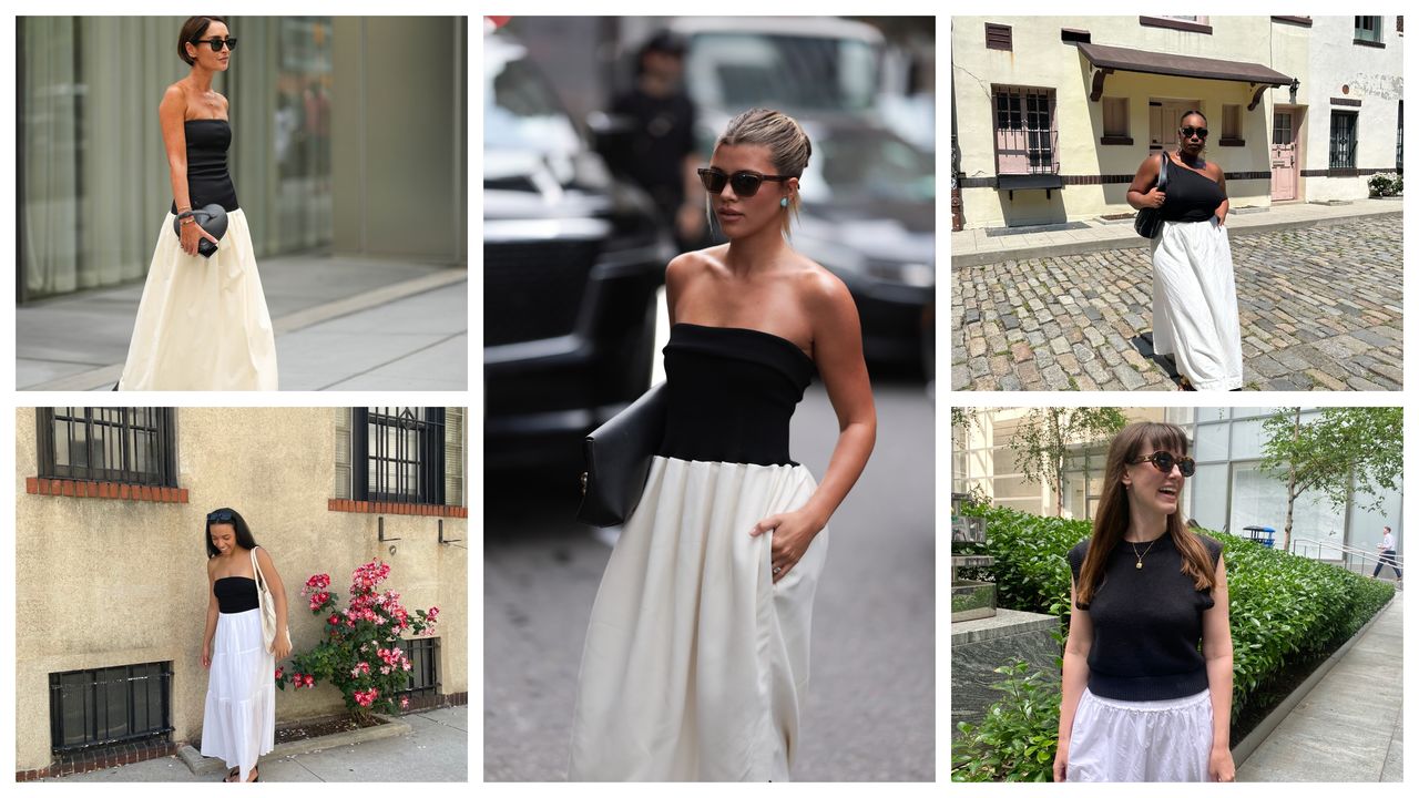 a collage of five women wearing a black top and white skirt