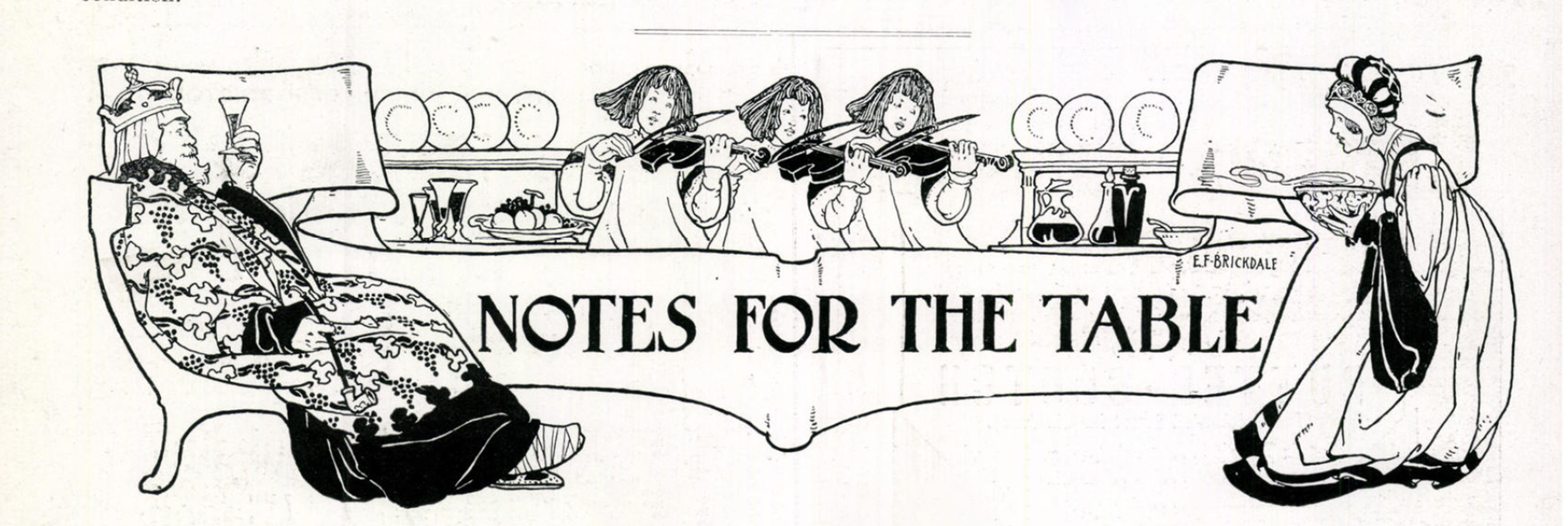 Illustration of a woman serving a king-like man at either ends of a long, thin table