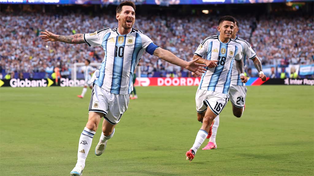 KANSAS CITY, MISSOURI - JUNE 16: Lionel Messi #10 of Argentina celebrates scoring his team's first goal during the FIFA World Cup 2026 Group J match between Argentina and Algeria at Kansas City Stadium on June 16, 2026 in Kansas City, Missouri. (Photo by Charlotte Wilson/Getty Images)