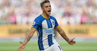Leandro Trossard of Brighton & Hove Albion celebrates scoring their side's second goal during the Premier League match between West Ham United and Brighton & Hove Albion at London Stadium on August 21, 2022 in London, England.