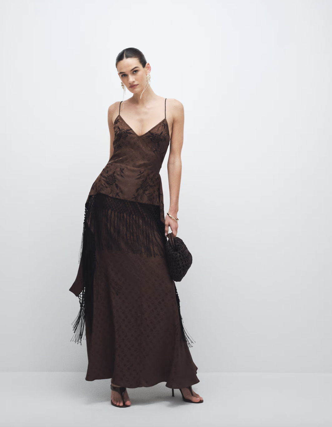 Topshop, Satin strappy maxi dress with jacquard embroidery and fringing in chocolate