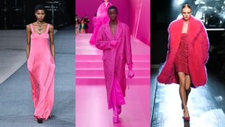 A composite of models on the runway showing winter 2022 fashion trends barbie pink