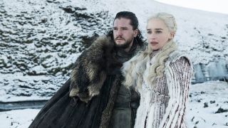 Jon Snow and Daenerys Targaryen stare at something in the distance in Game of Thrones season 8