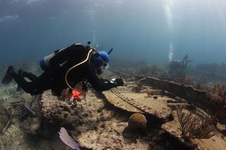 A NOAA diver taking notes above the wreck of the Hannah M. Bell in September, 2012, off the coast of Key Largo, Fla.