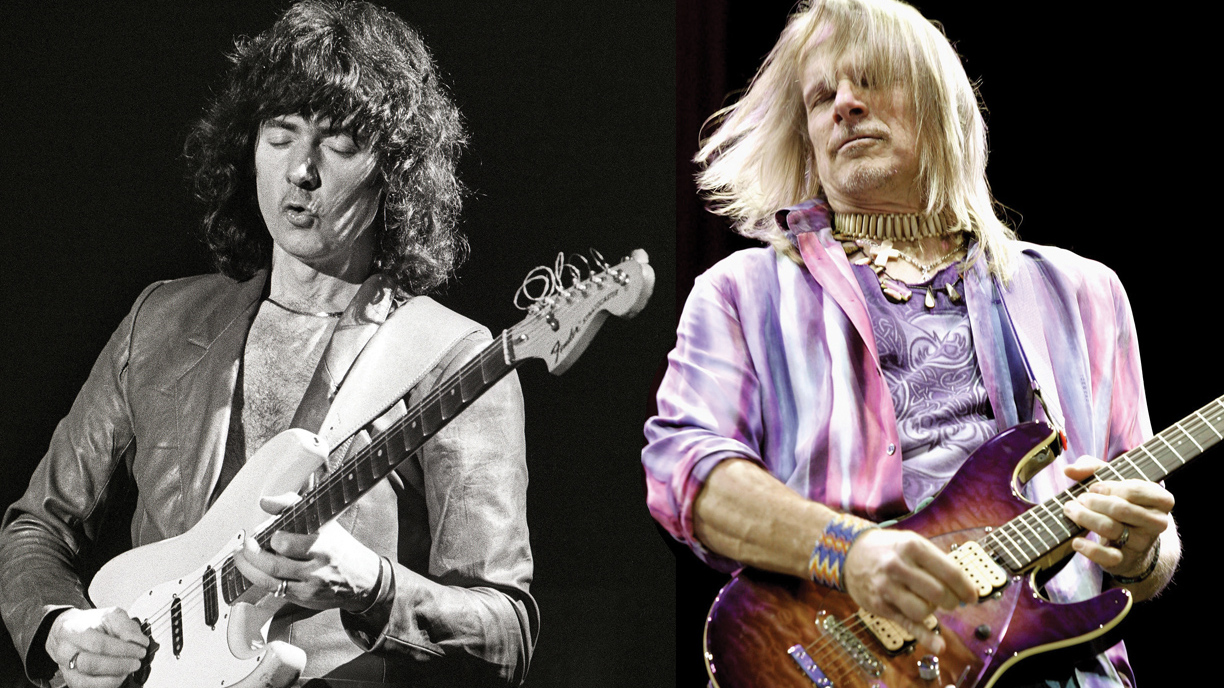 Close-up composite of guitarists Ritchie Blackmore and Steve Morse next to each other playing live