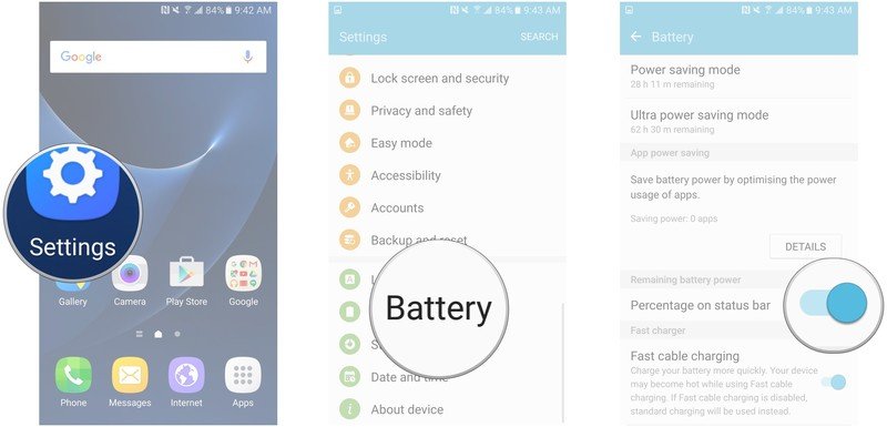 Launch Settings, tap Battery, tap the toggle to turn off battery percentage