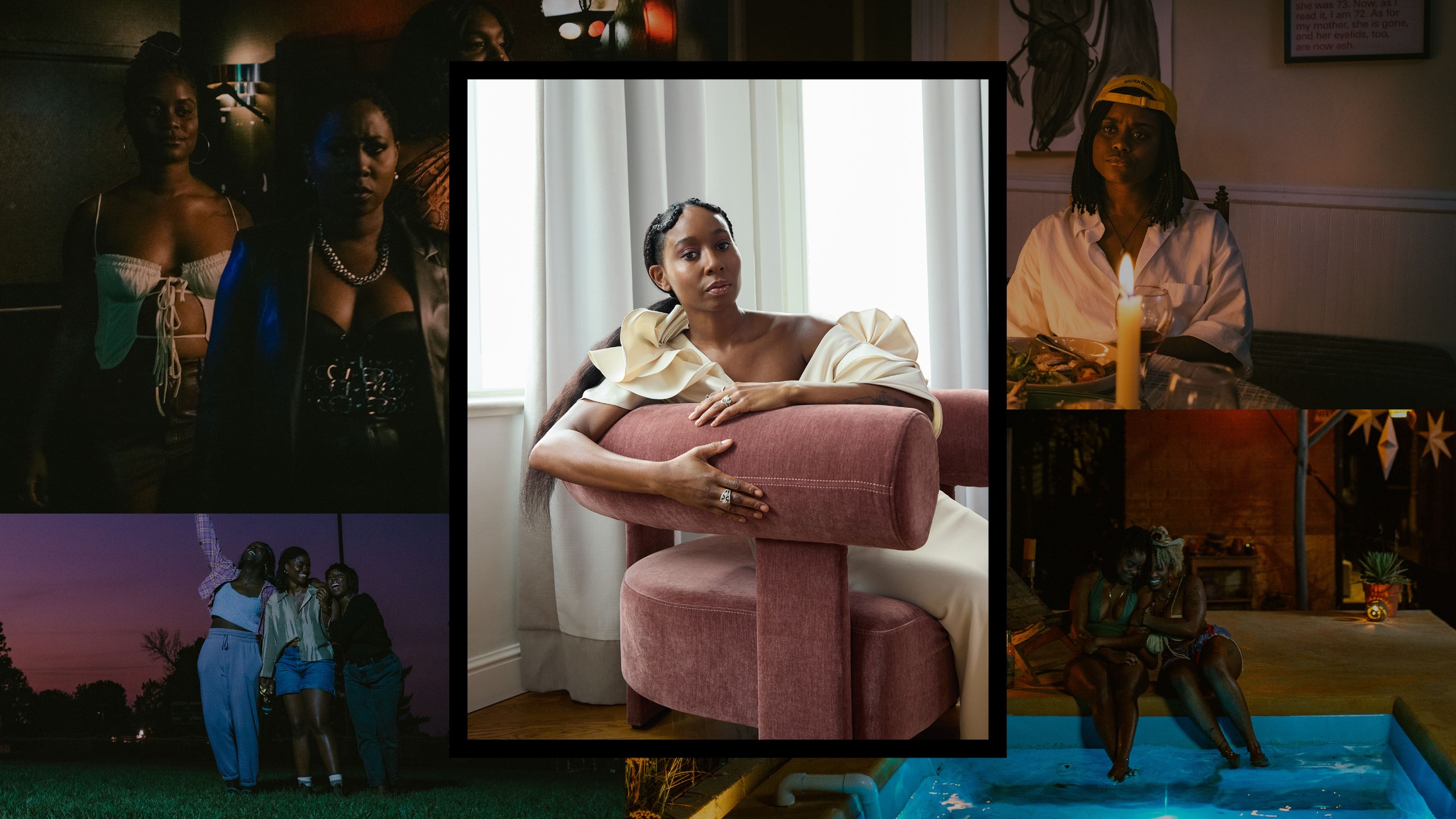 a collage of images of actress sasha compere wearing a white gown sitting on a pink chair over a selection of stills from the movie dreams in nightmares