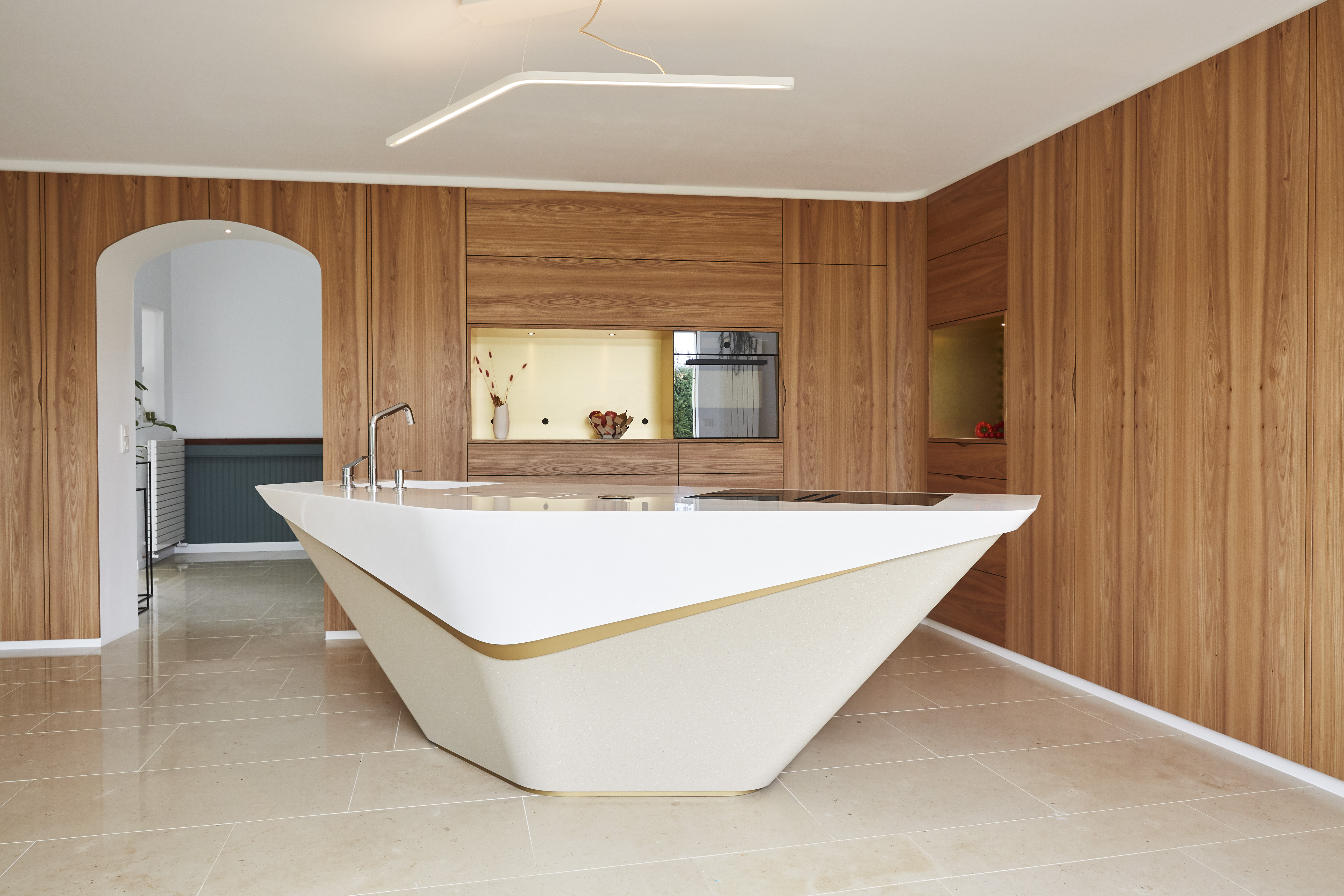 a sculptural kitchen island idea in a timber kitchen