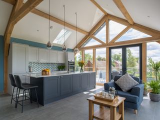 oak frame kitchen with vaulted ceiling and exposed beams