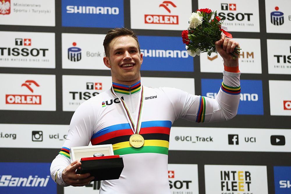 Harrie Lavreysen of Netherlands (gold medal) poses on the podium for the Men's sprint race on day five of the UCI Track Cycling World Championships