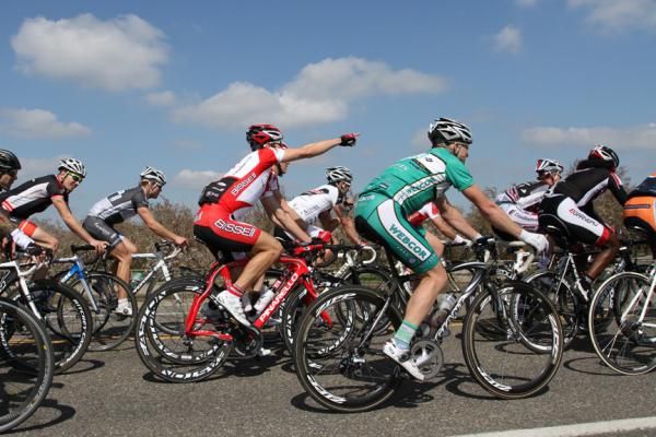 One of the Bissell Pro Cycling riders indicates the way forward