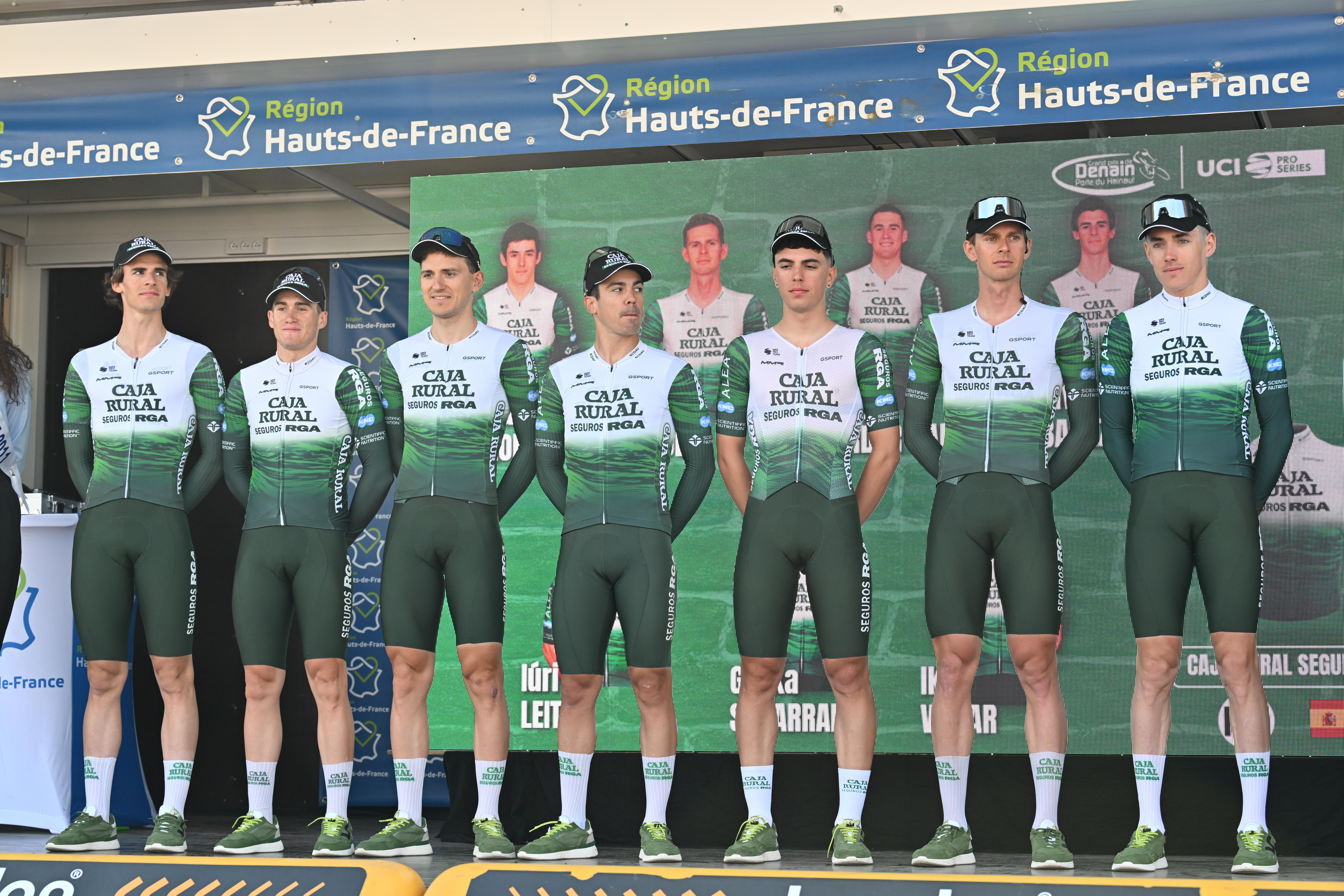 Team Caja Rural-Seguros RGA, including Ellande Larronde (France), Jakub Otruba (Czech Republic), Sergi Darder Gari (Spain), Javier Ibanez Beltran De Salazar (Spain), Iuri Leitao (Portugal), Gorka Sorarrain Agirrezabala (Spain), and Iker Villar Galdeano (Spain), participates in the team presentation of the Grand Prix de Denain-Porte du Hainaut (1.Pro) on March 19, 2026. (Photo by Gautier Demouveaux/NurPhoto)
