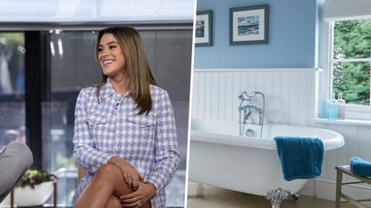 Headshot of Tay Lautner and traditional blue and white bathroom