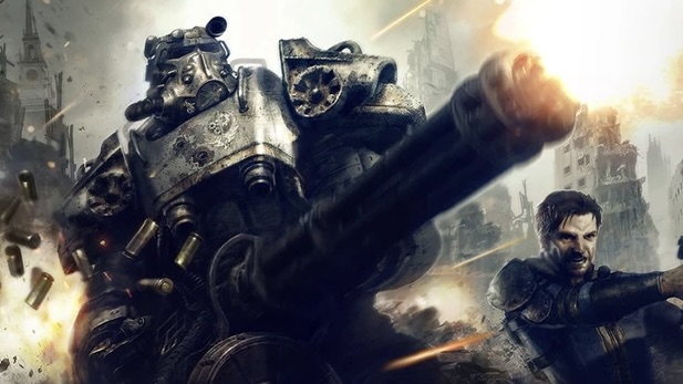Promo art for Fallout Wasteland warfare showing a person in power armor with a gatling gun