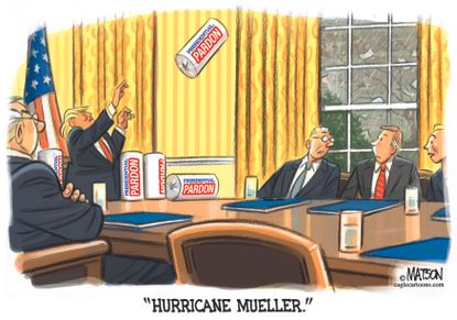Political cartoon U.S. Trump pardon paper towels hurricane Paul Manafort Robert Mueller Russia probe