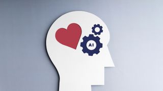 AI Technology Concept. Conceptual photo showing a head with a heart symbol and cog wheels with AI labelled inside.
