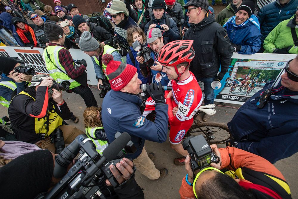 Tobin Ortenblad (Cal Giant) gets surrounded by press after his win