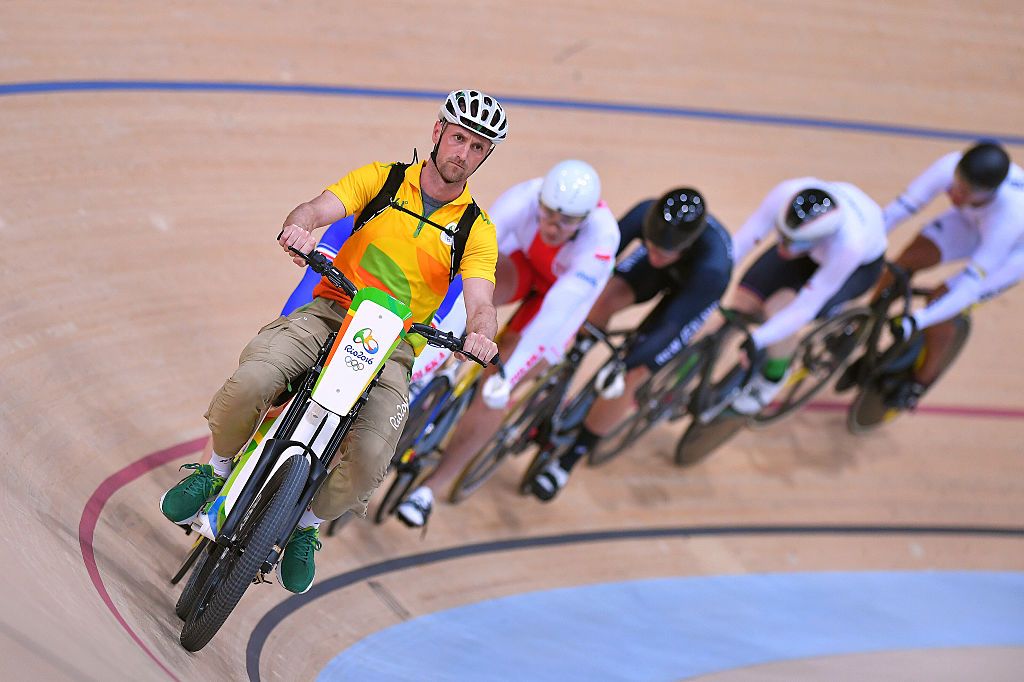 The pacer starts the men&#039;s keirin at the Olympic Games in Rio