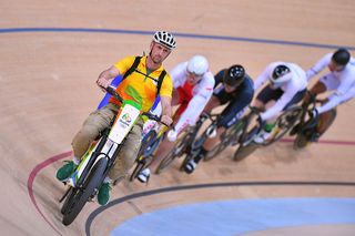The pacer starts the men's keirin at the Olympic Games in Rio