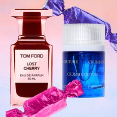 product collage of tom ford lost cherry, snif crumb couture perfumes with multicolored candy wrappers over a gradient background