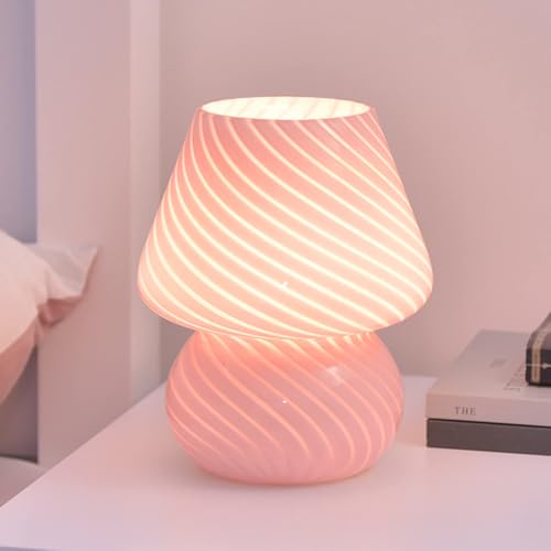 Gobesty Mushroom Table Lamp, Glass Mushroom Night Light 3 Color Changing Dimmable Desk Lamp, Pink Bedside Led Glass Desk Light for Bedroom, Living Room, Office