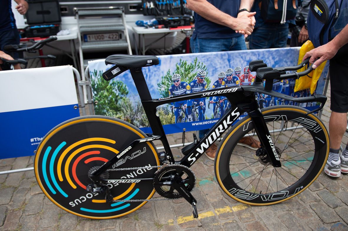 Julian Alaphilippe's S-Works Shiv TT. All of the Deceuninck-QuickStep riders raced with special Riding for Focus rear wheels raising awareness for the Specialized Foundation's program