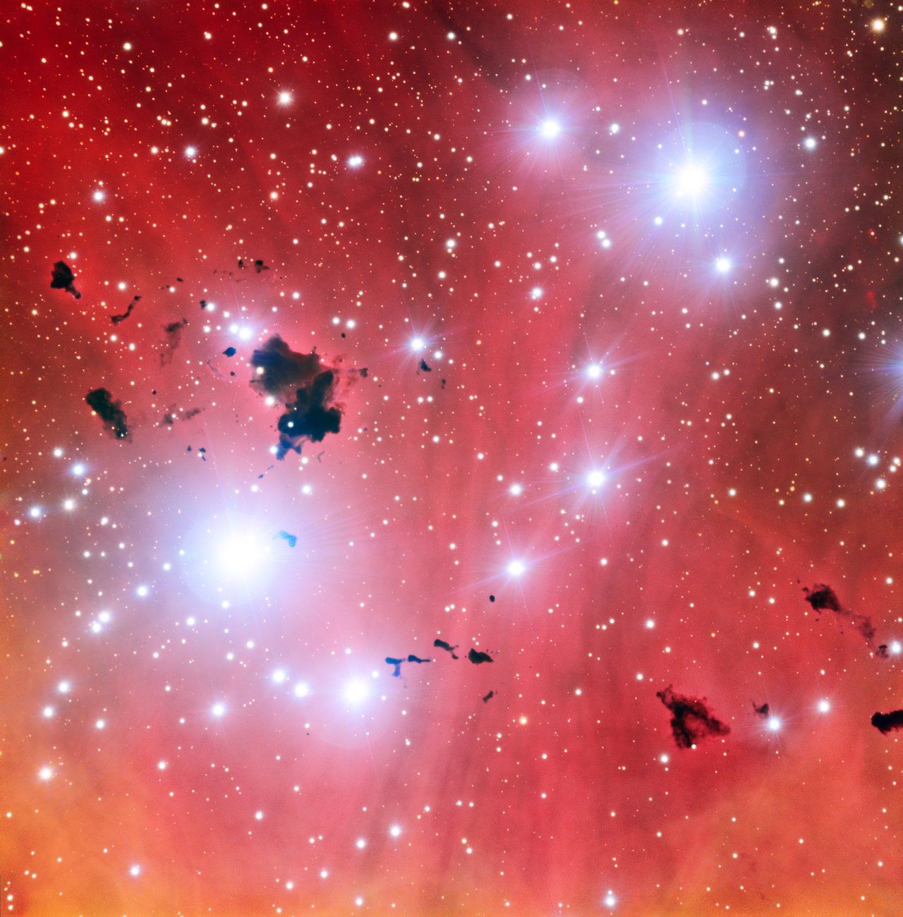 For its 15th birthday in 2013, the VLT took this image of the star-forming region IC 2944. Set against the red emission from hydrogen gas are dark clouds known as Thackeray's globules. These dense agglomerations of gas and dust are wombs for infant stars.