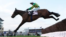 Mark Walsh riding Inothewayurthinkin clears the last fence on the way to winning the Boodles Cheltenham Gold Cup Chase