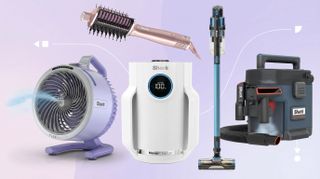 Shark products on purple and white background