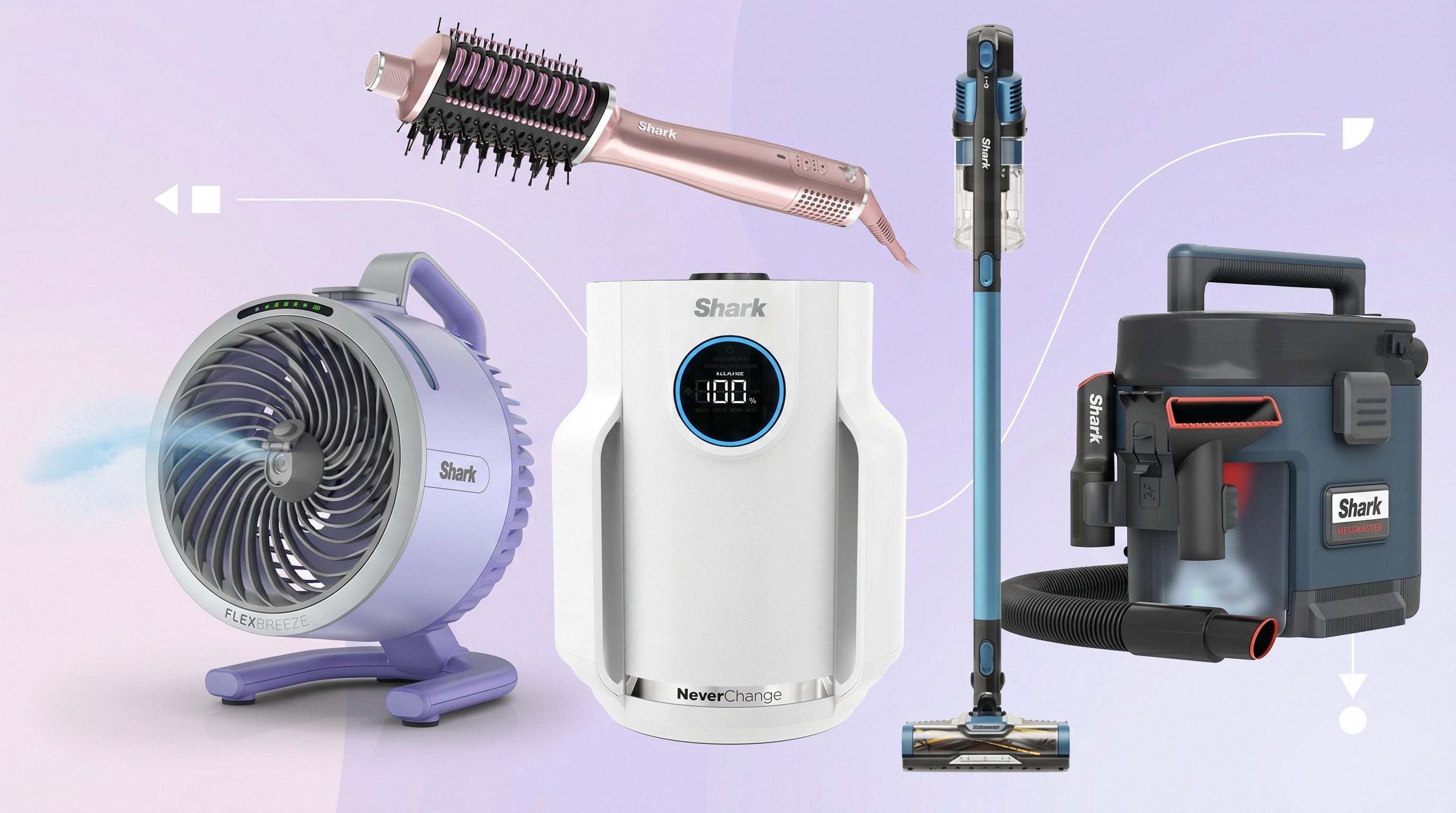 Shark products on purple and white background