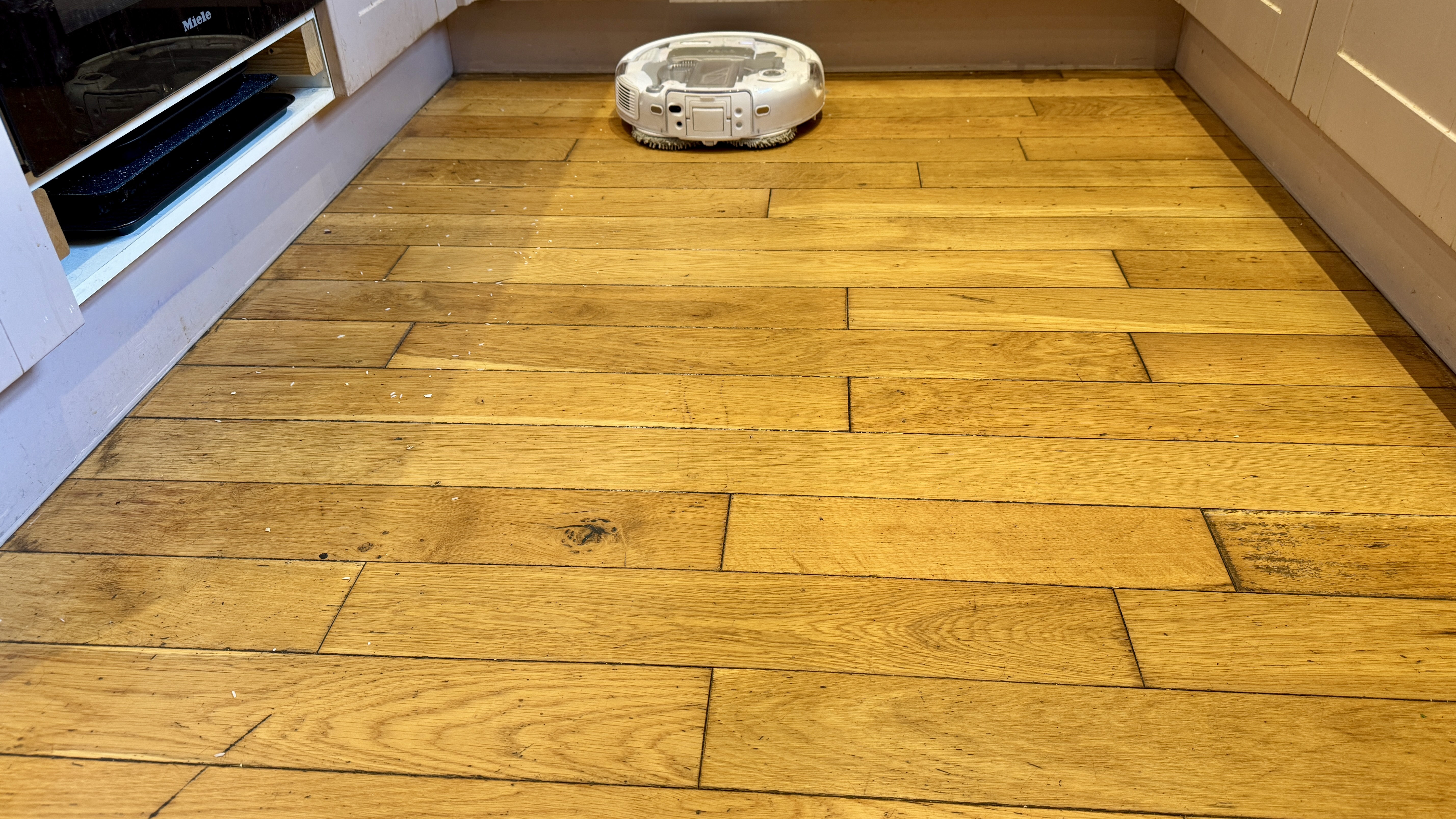 DJI Romo P robot vacuum after vacuuming flour from hard floor