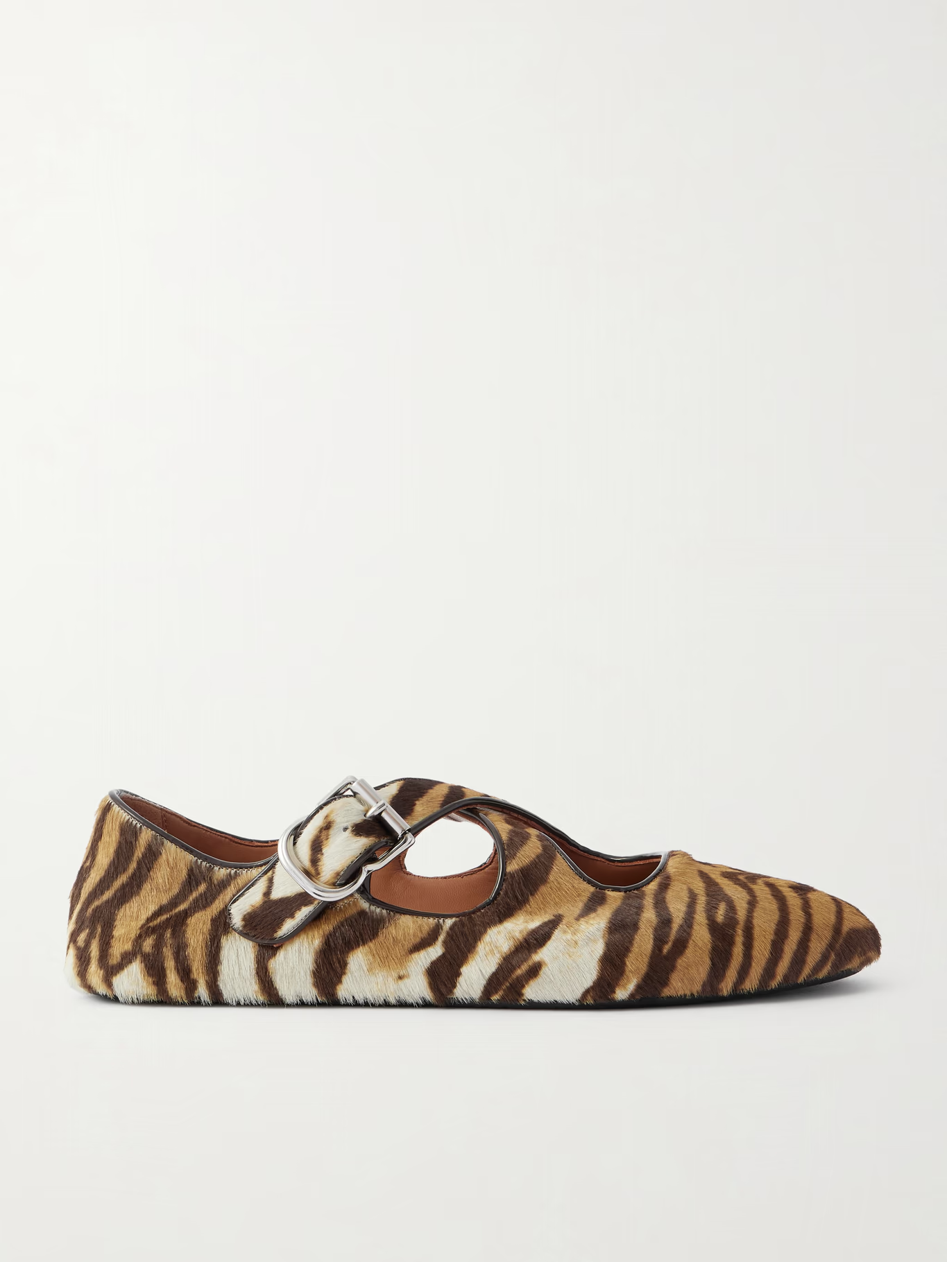 Ala&amp;iuml;a, Criss Cross patent-leather trimmed zebra-print calf hair ballet flats