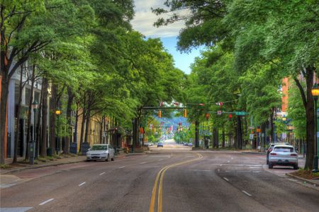 A quiet street is lined with lush green trees and bordered by buildings, with a few cars parked along the sides. Traffic lights and street signs are visible in the distance, contributing to the serene urban landscape. Market Street Chattanooga, TN Photo taken on May 12, 2024