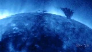 A solar tornado churns on the face of the sun in this video captured by NASA's Solar Dynamics Observatory between Sept. 1 and 5. The view has been rotated counterclockwise from SDO's original view, so that the solar plasma tornado appears upright.