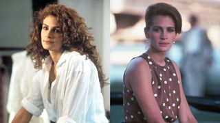 julia roberts wearing a big white shirt and dressed up in a polka dot dress in pretty woman