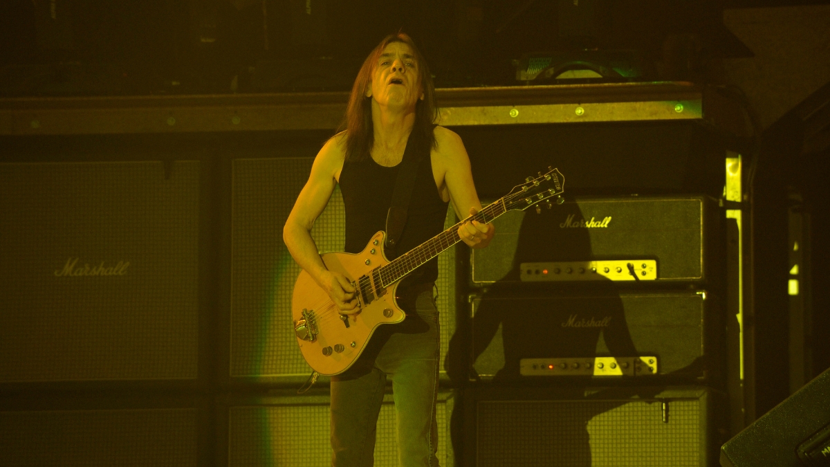 Malcolm Young of AC/DC plays a Gretsch 6131 Jet Firebird guitar while performing on stage at Olympiahalle on March 27, 2009 in Munich, Germany