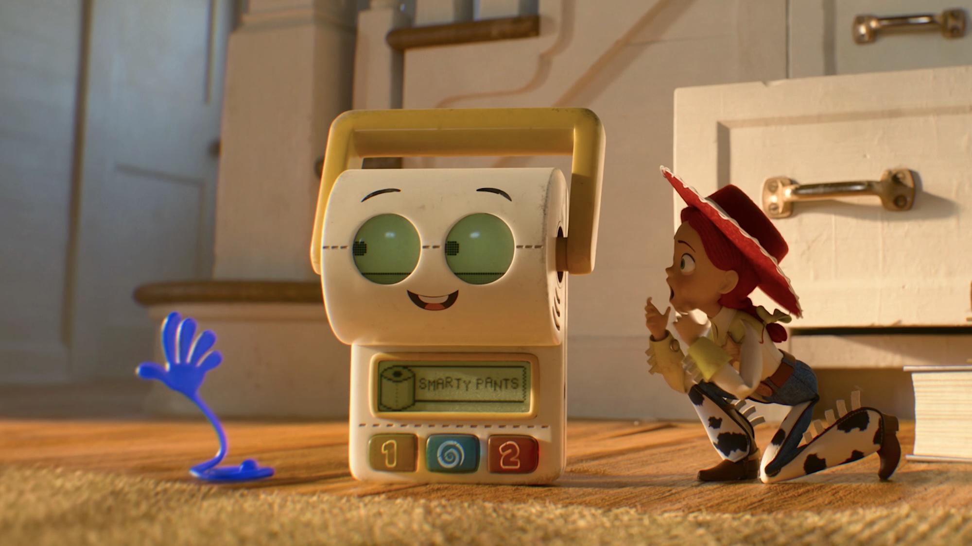 Smarty Pants smiling next to Slappy Hand while Jessie is worried in Toy Story 5