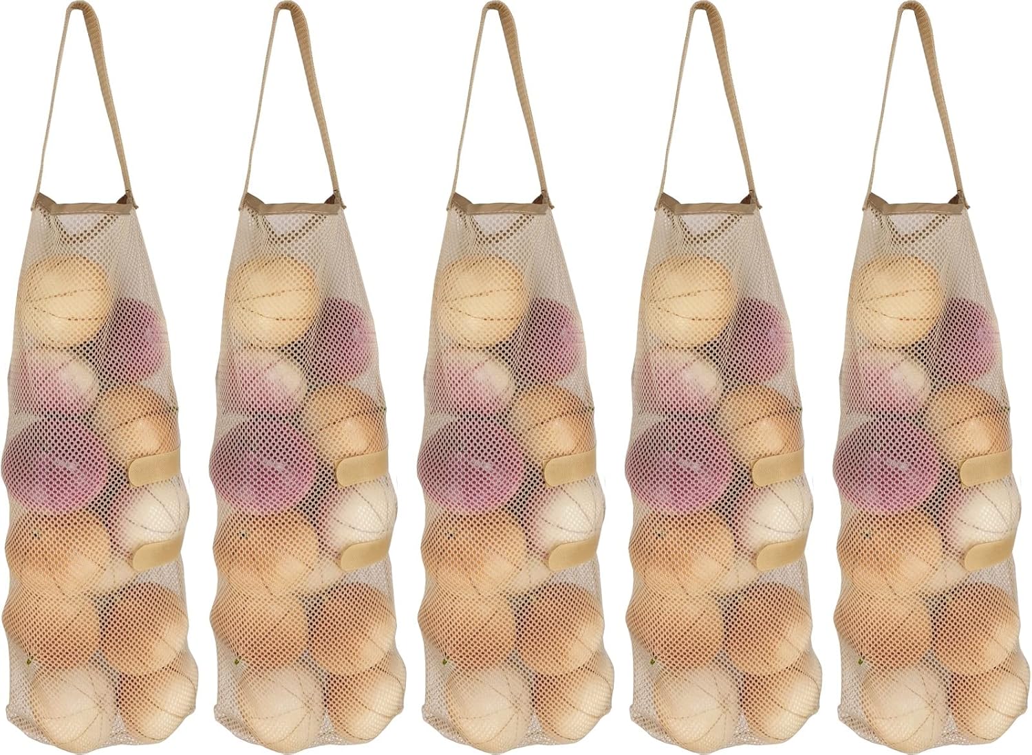 Hanging Mesh Storage 5pack Potato &amp;amp; Onion Bags - Large Reusable Net Produce Bags (beige)