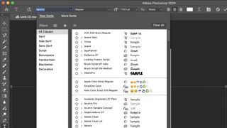 A screenshot of fonts being scrolled through on Photoshop.
