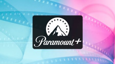 Paramount+ logo on a blue pink film reel background
