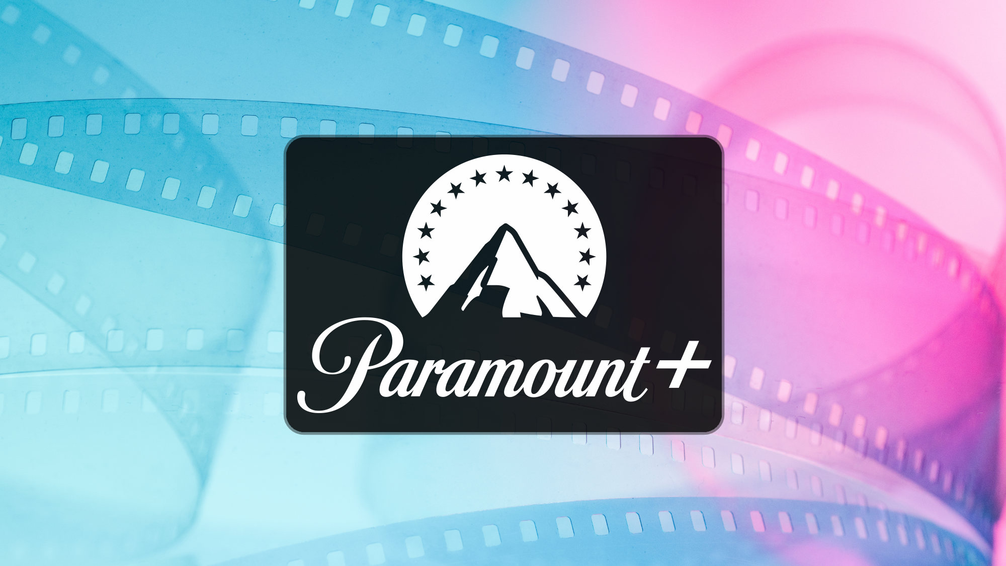Paramount+ logo on a blue pink film reel background