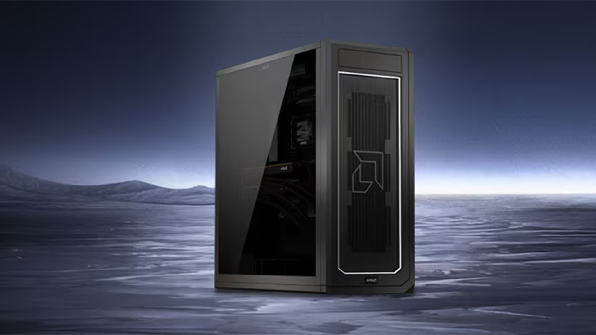 Promotional image for the AMD Threadripper AI workstation, pictured against a gloomy desert backdrop.