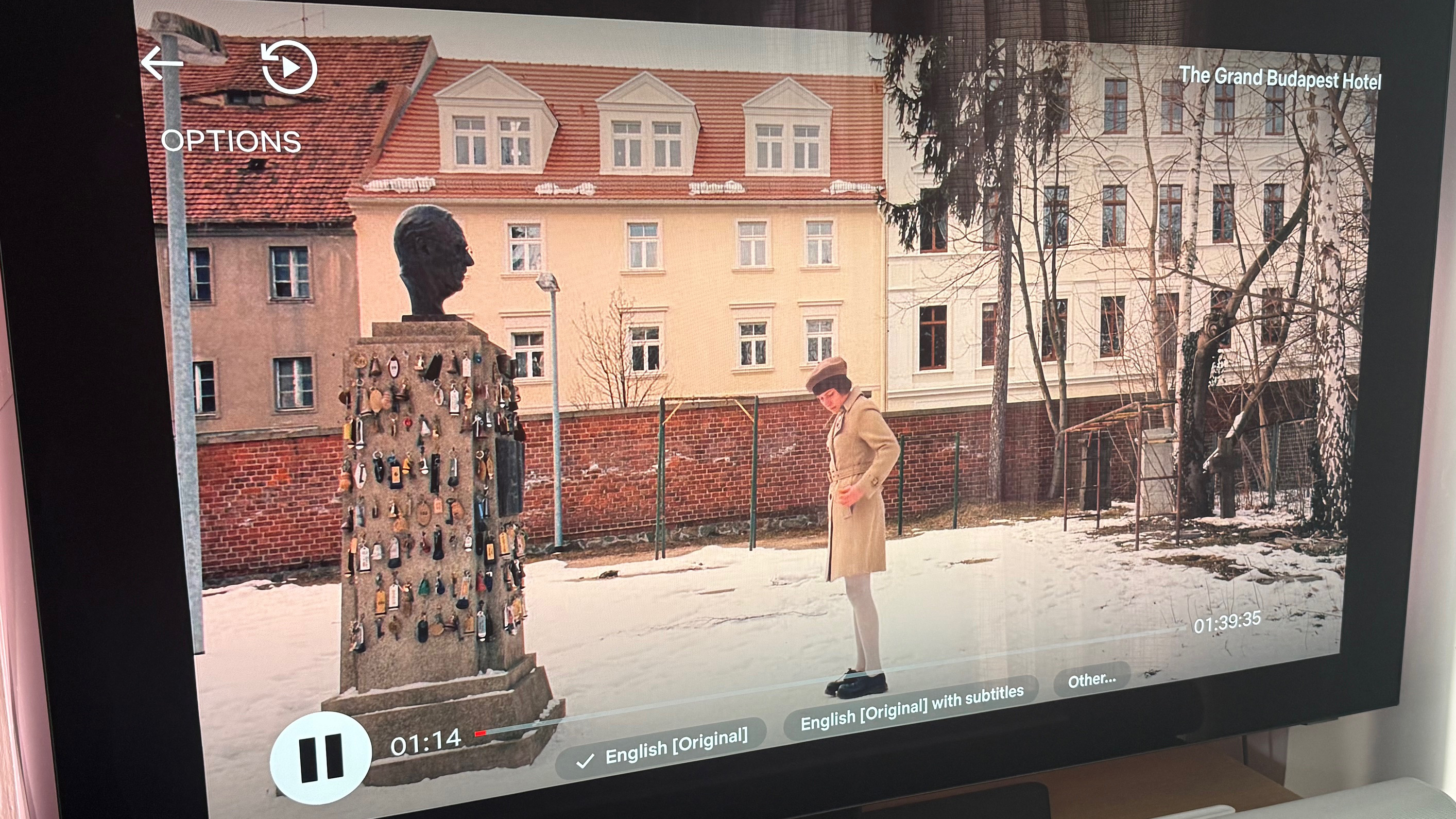An image from The Grand Budapest Hotel, showing a character on snowy ground. The new Netflix interface is superimposed over the image