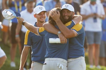 Tommy Fleetwood celebrates winning the Ryder Cup
