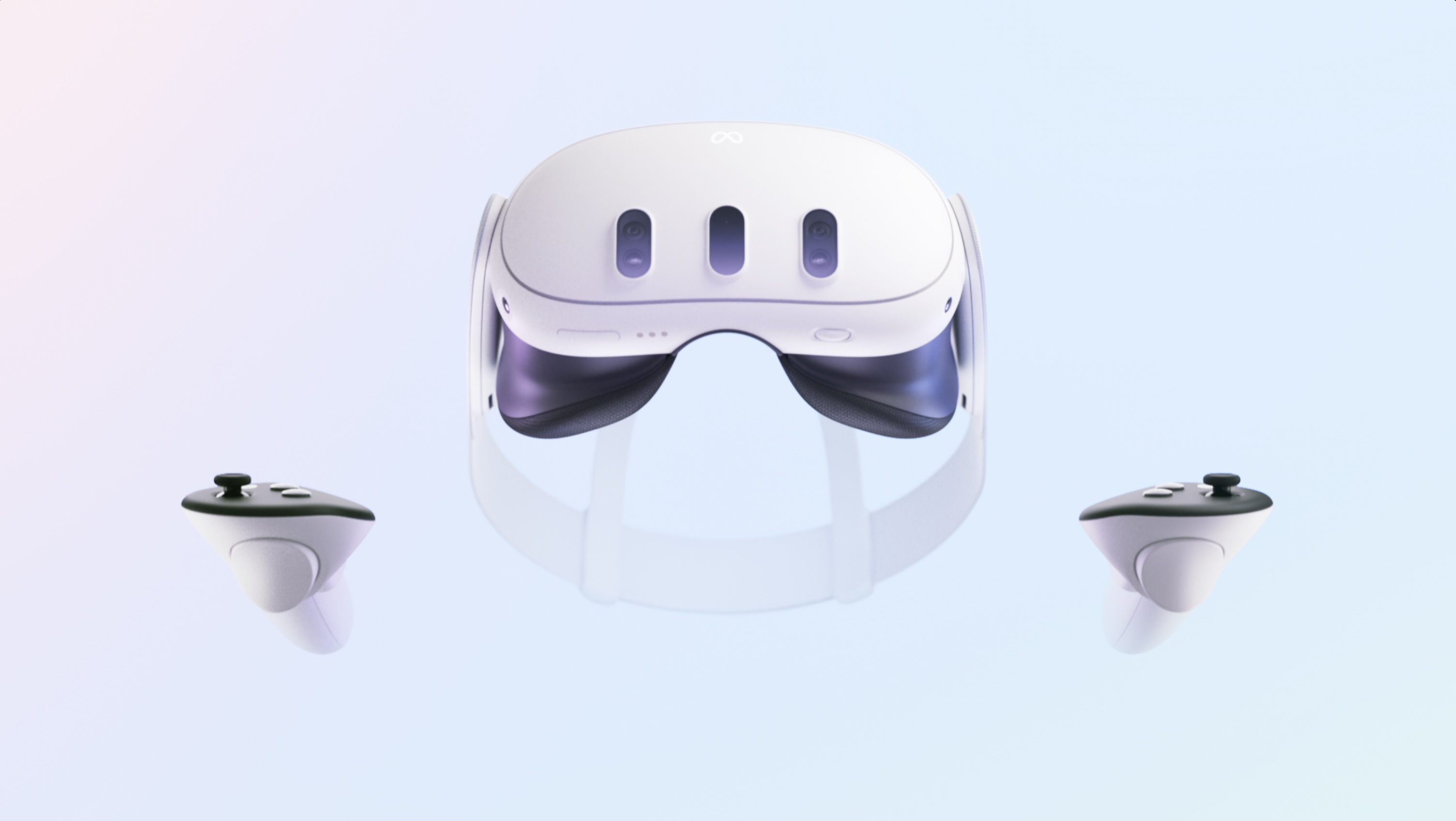 The Oculus Quest 3 and its controllers, front on, on a baby blue background