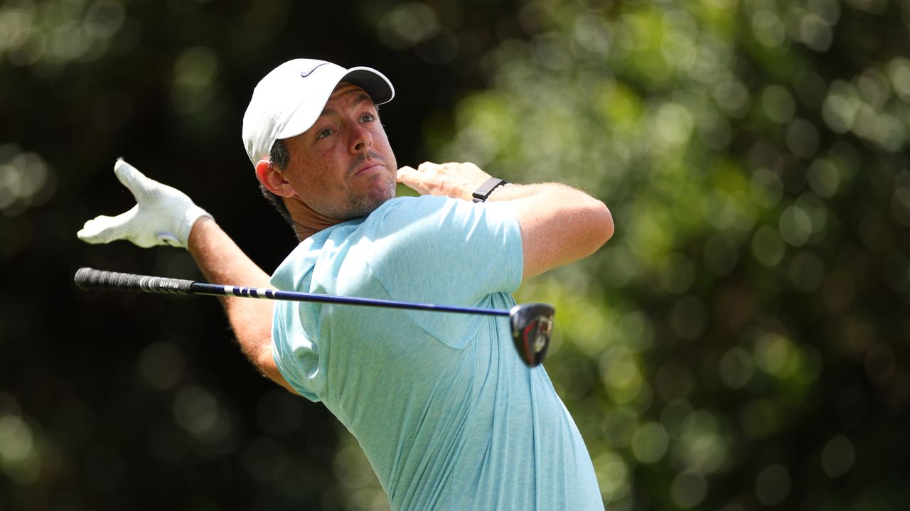 Rory McIlroy reacts to his shot from the 14th tee during the Wells Fargo Championship.