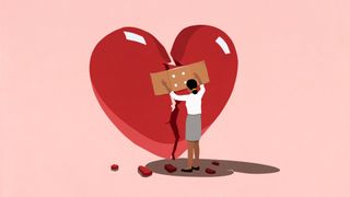 Illustration of woman taping heart back together