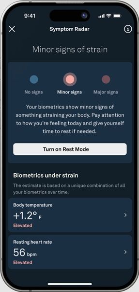 Oura's Symptom Radar delivers three levels of risk level for potential sickness/stress.