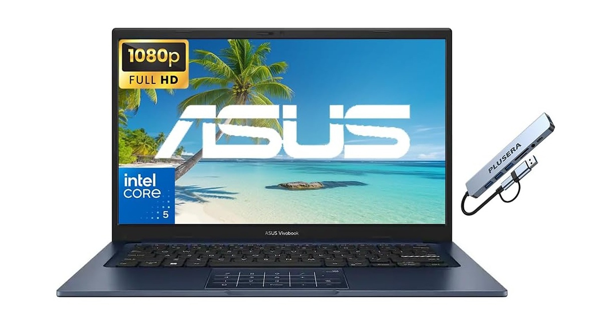 ASUS VivoBook laptop with a tropical beach wallpaper shown on a 1080p Full HD screen. Intel Core i5 and a connected Plusera device are visible.