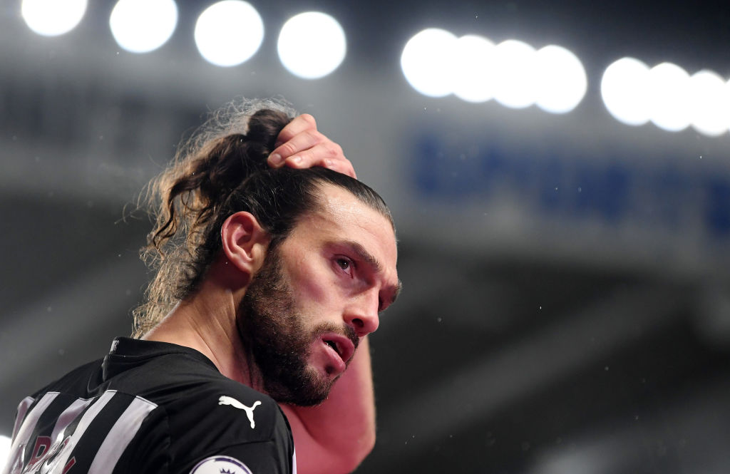 NEWCASTLE UPON TYNE, ENGLAND - JANUARY 03: Andy Carroll of Newcastle United looks on during the Premier League match between Newcastle United and Leicester City at St. James Park on January 03, 2021 in Newcastle upon Tyne, England. The match will be played without fans, behind closed doors as a Covid-19 precaution. (Photo by Michael Regan/Getty Images)